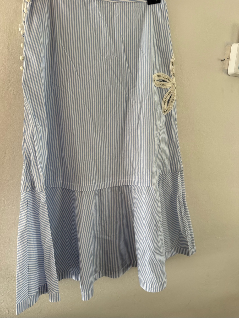 Light Blue Stripe Midi Skirt with Lace Detail